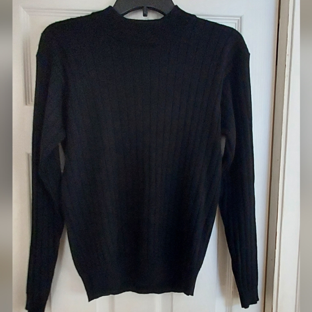 Amber Stone Black Ribbed Sweater Size M Merino Wool Long Sleeve Mock Neck Basic